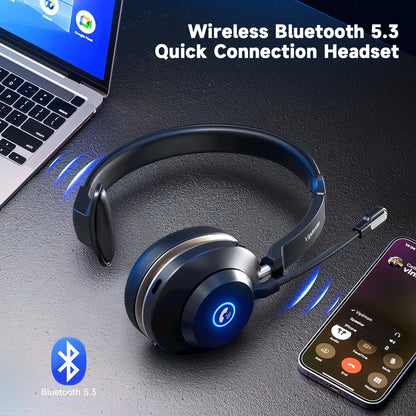 Vipdream Wireless Headset with Microphone for Work, Bluetooth 5.3 Computer Headset for Laptop, 45 Hours Battery Life & Mute Button, Headset with Mic for PC, iPhone, Zoom, Skype, Office & Home