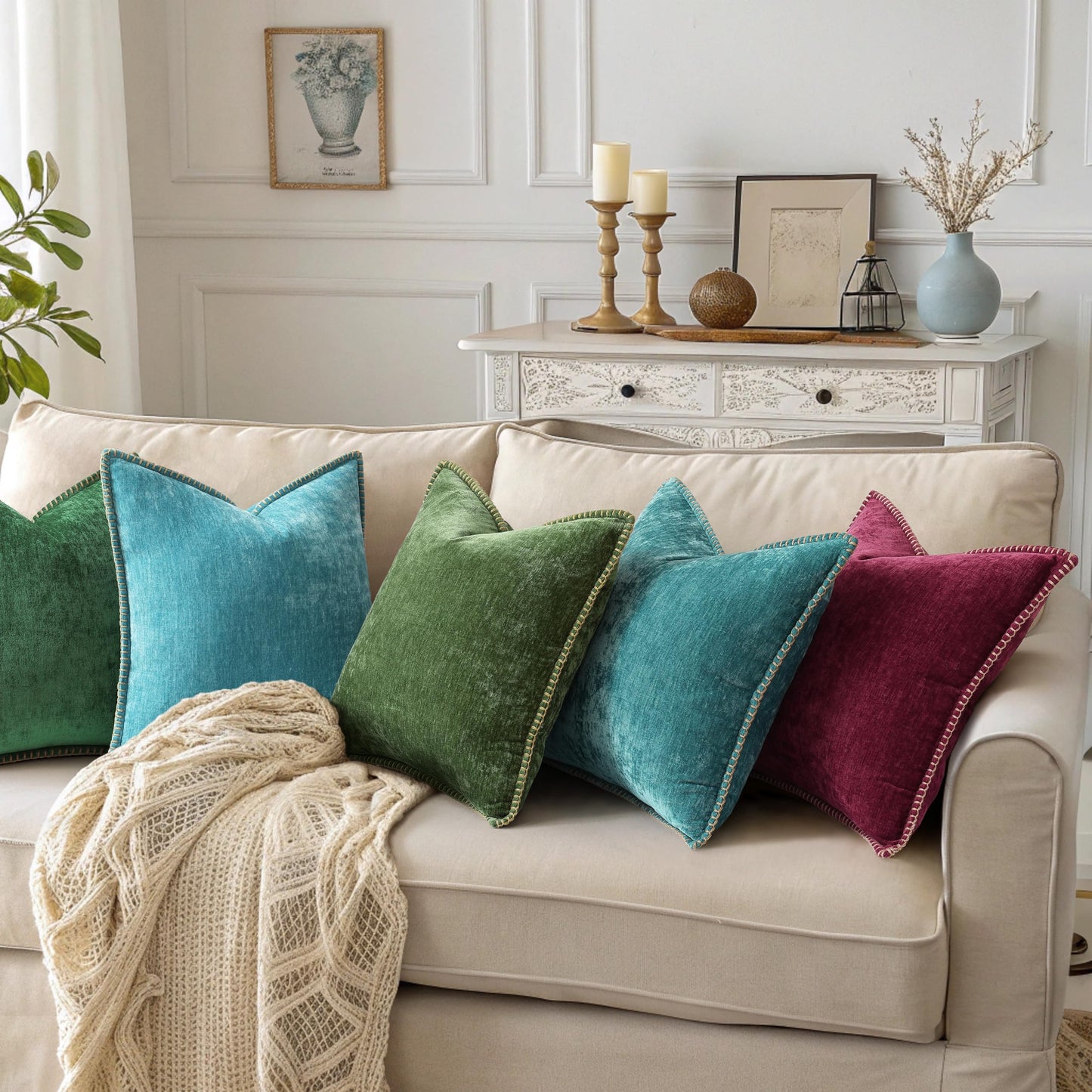 decorUhome Fall Chenille Soft Cozy Throw Pillow Covers 20x20 Set of 2, Modern Farmhouse Boho Velvet Decorative Pillow Cases with Stitched Edge for Couch Sofa Bed Home Decor, Rhododendron