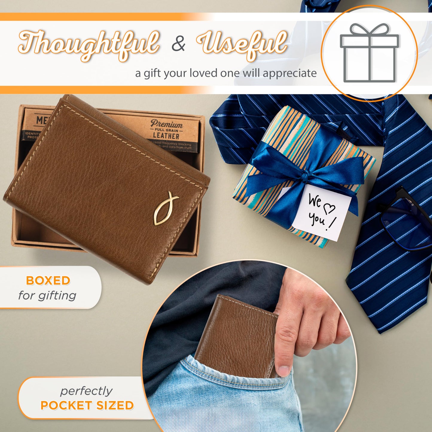 Christian Art Gifts Premium Full Grain Leather RFID Blocking Compact Trifold Wallet for Men, Inspirational Jesus Fish, ID, Credit Card, Cash Storage Accessory, Smooth Brown