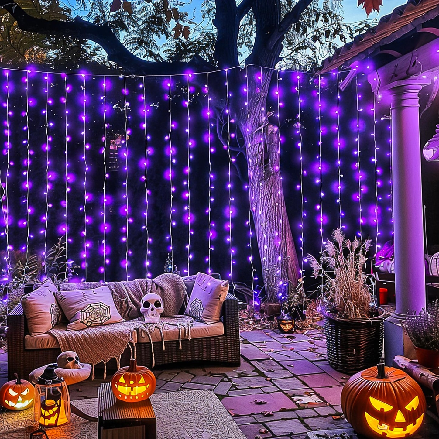 JMEXSUSS 300LED Purple Halloween Lights with Remote, 9.8x9.8ft Curtain Lights Plug in, 8 Modes Hanging String Lights for Indoor, Outdoor, Bedroom, Window, Party, Backdrop, Xmas, Halloween Decorations