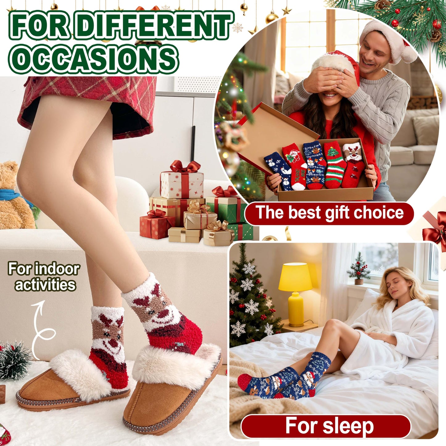 Sandsuced Fuzzy Christmas Socks for Women Fluffy Cozy Winter Warm Cute Fun Plush Comfy Fleece Sleep Christmas Gifts Cabin Socks Stocking Stuffers for Womens Mom 5 Pairs(Christmas Deer,M)
