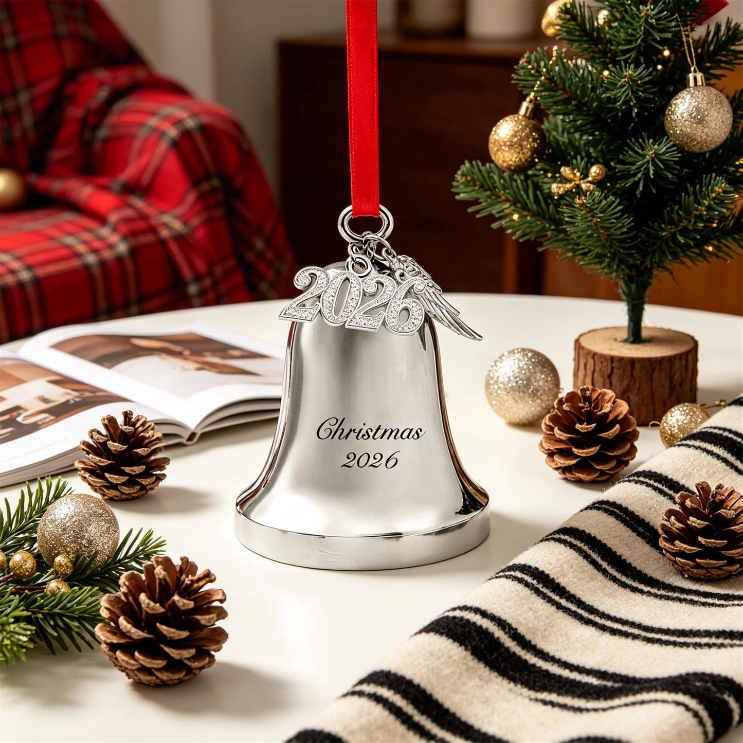 Personalized Silver Christmas Bell Ornament 2026 – Engraved Holiday Bell with Red Ribbon & Angel Wing Charm, Christmas Tree Decoration Gift for Family, Friends, New Home Holiday Keepsake (2026)
