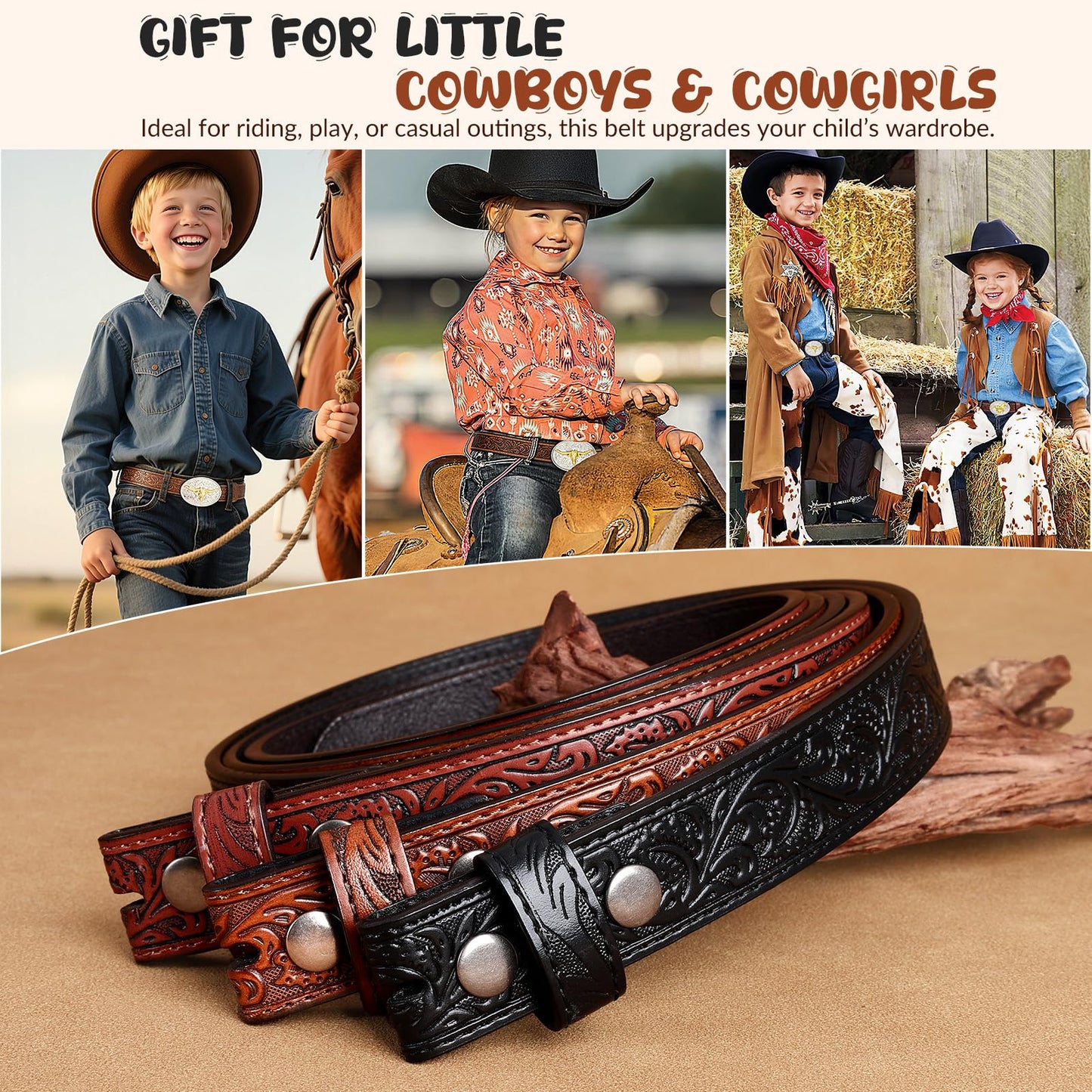BELTROAD Western Belt Strap for Kids Boys Girls Toddler Genuine Black Leather Belt Cowgirl Cowboy Kids Western Belts for Jeans Gift