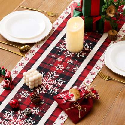 YATOJUZI Snowflake Table Runner - Christmas Red and Black Buffalo Plaid Table Runner Home Kitchen Dining Table Centerpieces Decorations for Christmas Xmas Holiday Party Decor 13"×72"