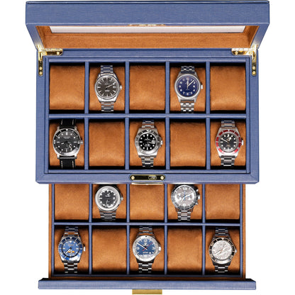 ROTHWELL 20 Slot Leather Watch box - Luxury Case Display Jewelry Organizer, - Locking Display Case Holder with Large Real Glass Top - Watch Box Organizer for Men and Women (Blue/Tan)