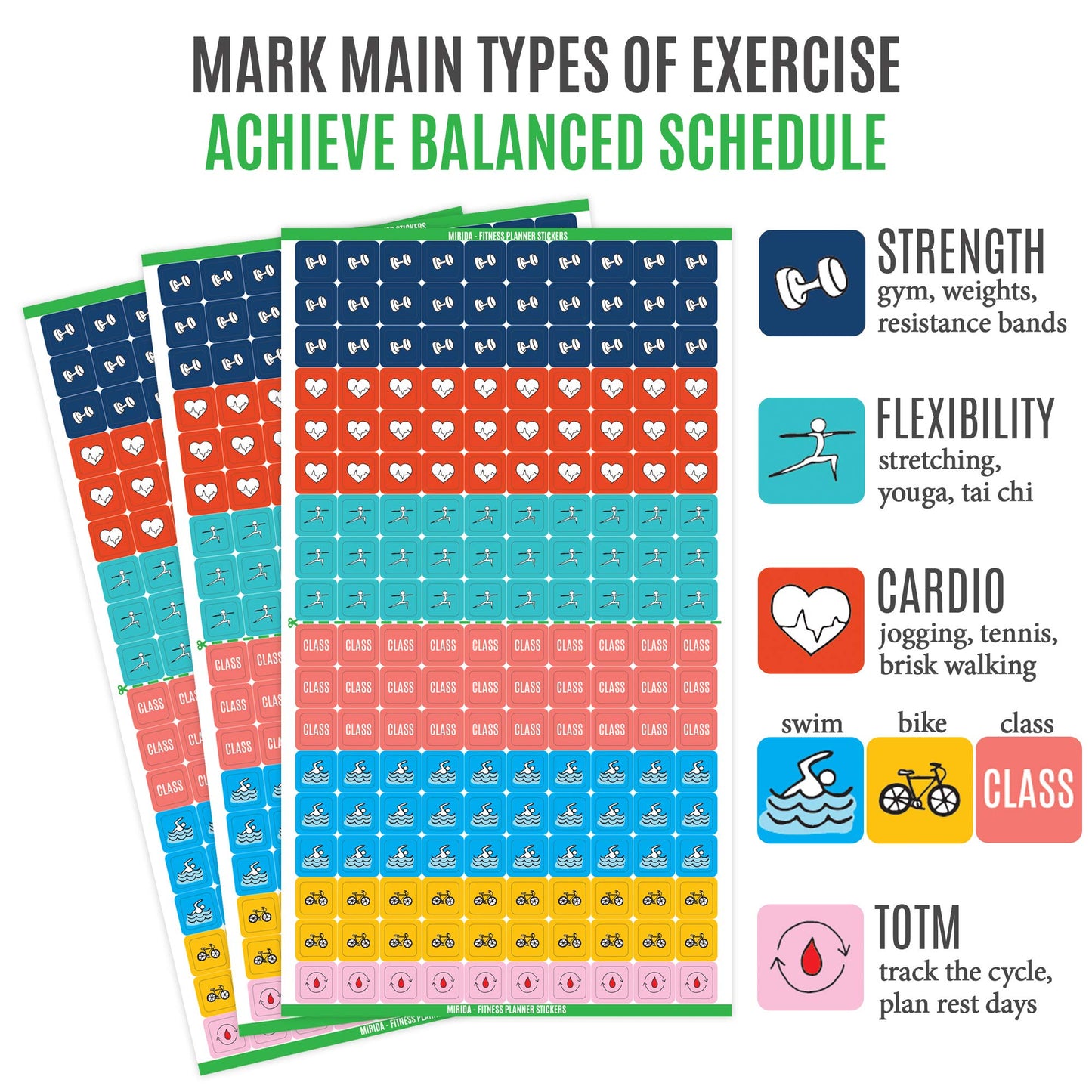 Mirida Planner Stickers - Fitness Pack of 2076 Mini Icons for Workout, Healthy Diet, Gym Exercise, and Habits - for Calendar and Journal