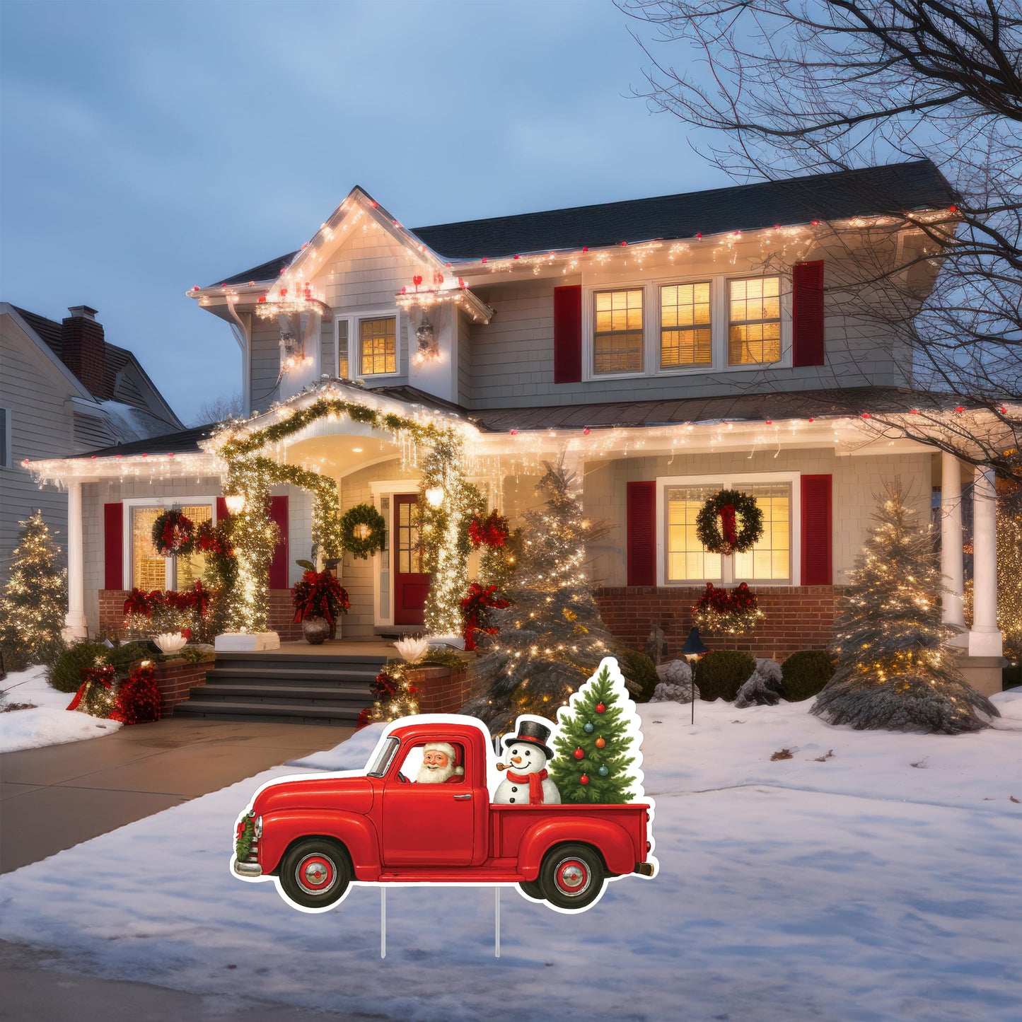 Red Santa Truck Christmas Santa Claus Classic Yard Sign for Home Decor and Lawn Decoration With Stakes, Green Merry Christmas Sign