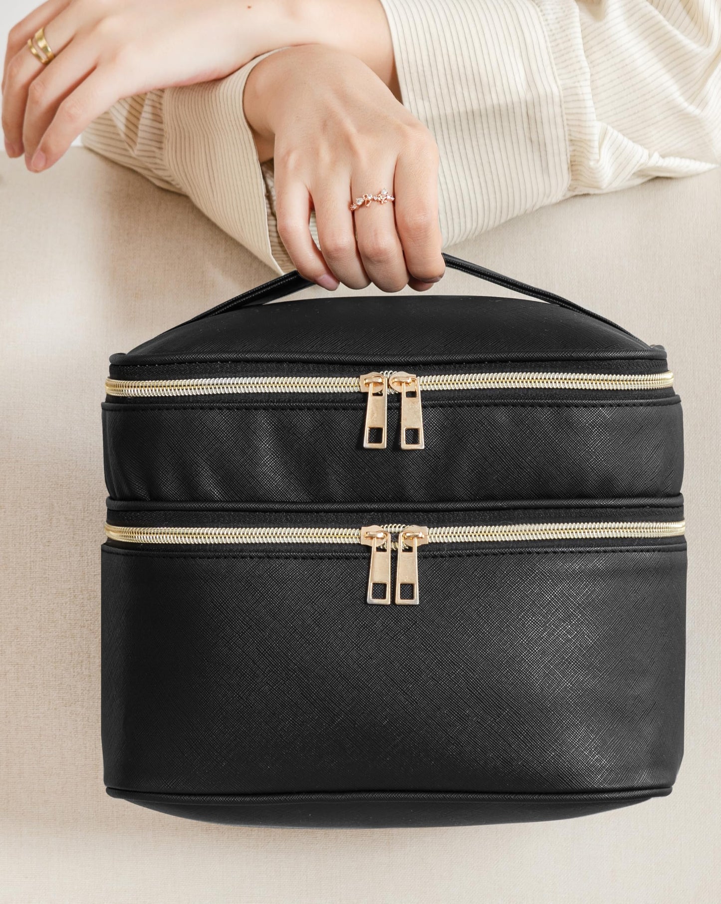 HBlife Double Layer Travel Makeup Bag Portable Cute Leather Cosmetic Bag Large Make Up Bag Makeup Case Organizer Toiletry Bag for Women Girls with Handle and Removable Divider(Black)