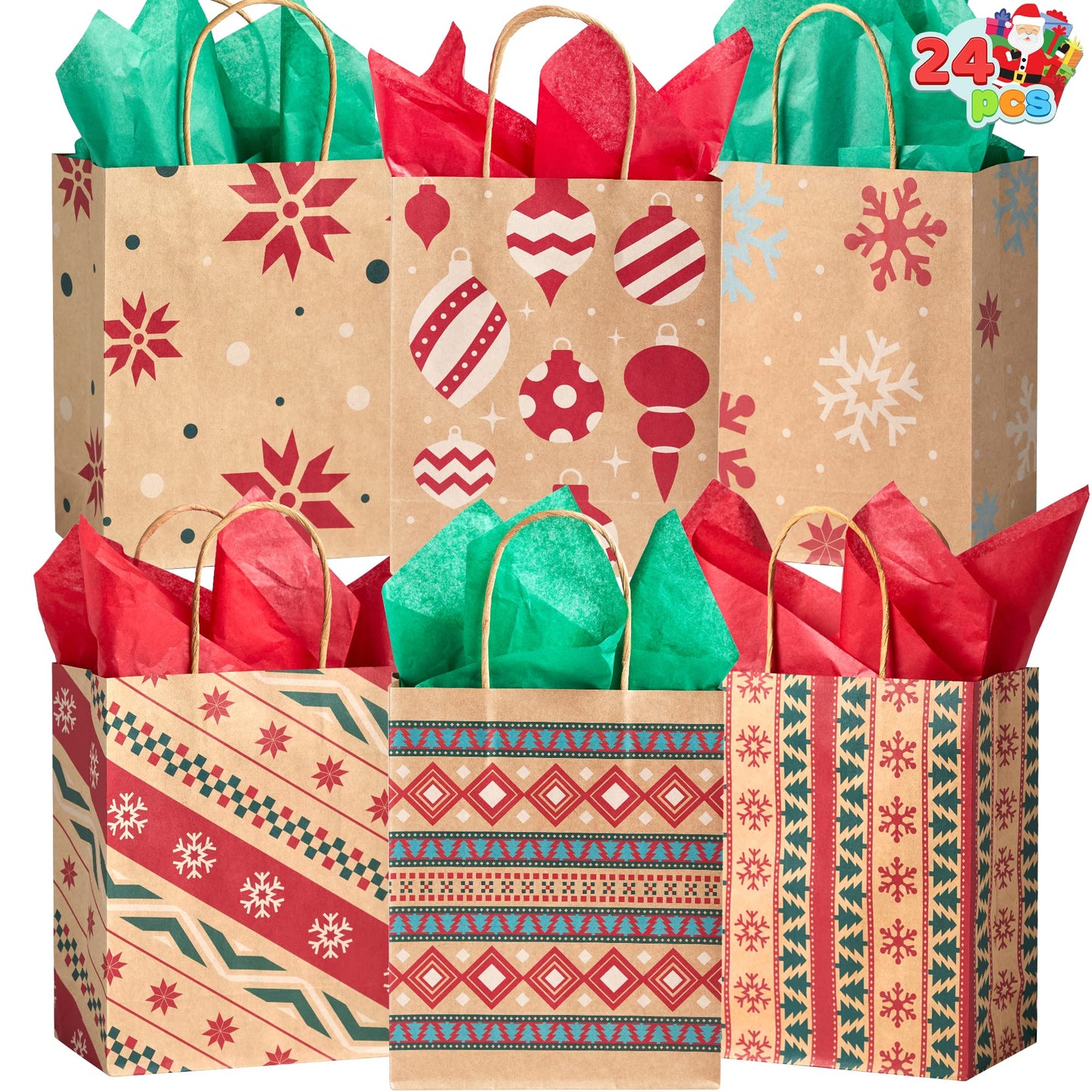 JOYIN 24 PCS Christmas Kraft Gift Bags for Present Wrapping, Holiday Paper Goody Gift Treat Candy Bags for Xmas Decor Supplies Classrooms Wedding and Party Favors (9" x 7.3" x 3.3")
