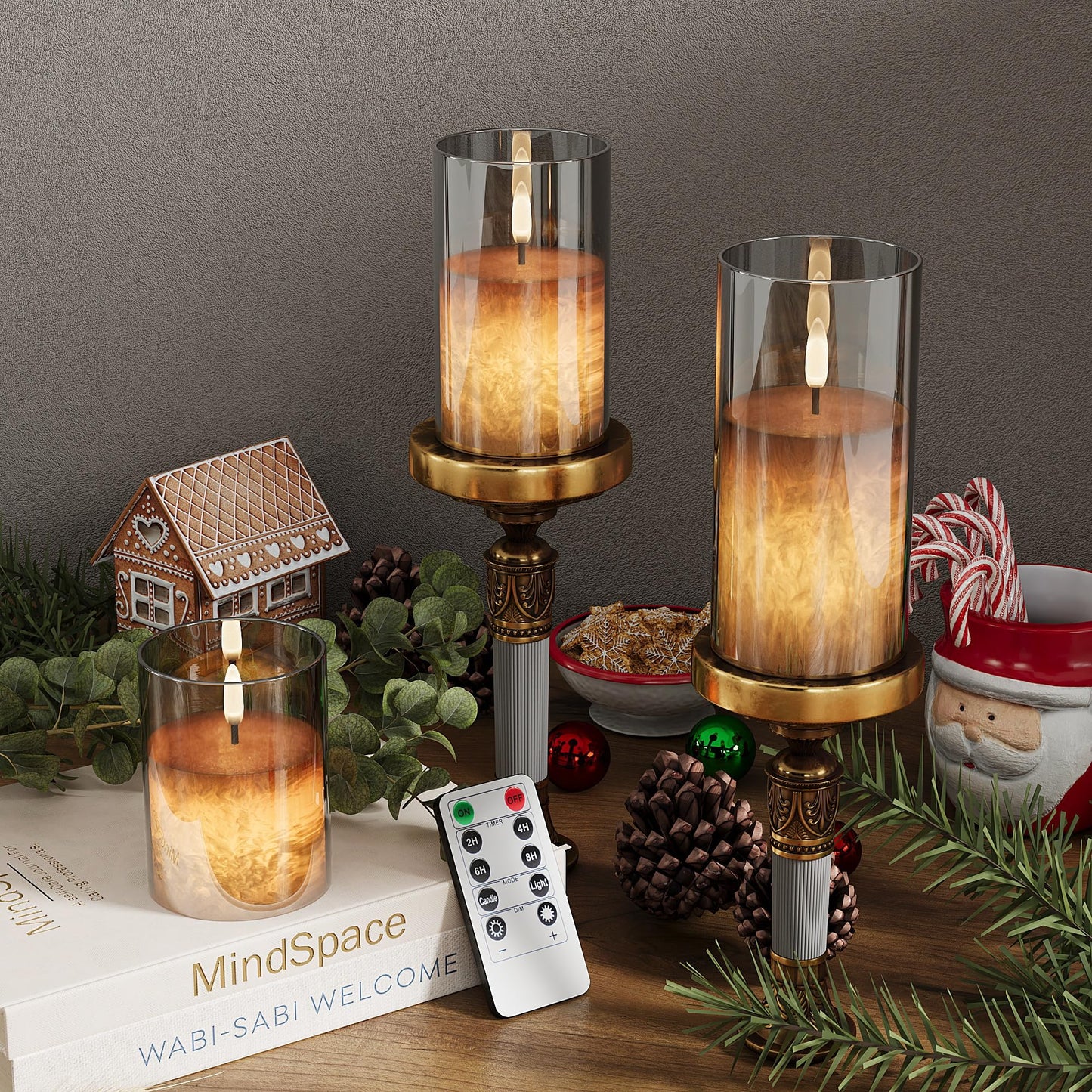 VIODAIM Ice Crystal Real Wax Glass Flameless Candles with Remote & Timer, Battery Operated Candles with Warm Flickering Flame, Realistic LED Candle for Wedding Home Decor [D3×H4/5"/6"] Grey, 3Pack