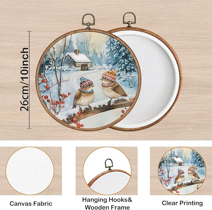 KSDUT Vintage Winter Wall Decor Art - Snowy Birds Wall Art Canvas Frame Hanging Prints, Retro Xmas Forest Woodland Wild Animal Round Wall Art Decor for Home Farmhouse Decorations 10"x10"