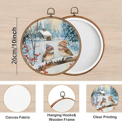 KSDUT Vintage Winter Wall Decor Art - Snowy Birds Wall Art Canvas Frame Hanging Prints, Retro Xmas Forest Woodland Wild Animal Round Wall Art Decor for Home Farmhouse Decorations 10"x10"