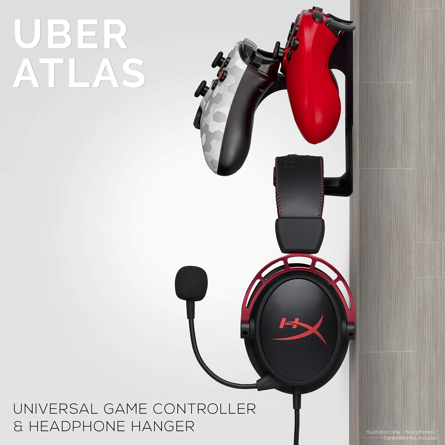 The UberAtlas Dual Game Controller & Headphone Stand Wall Mount Holder for Xbox ONE, Series X, PS5, PS4, PS3, Switch, STEELSERIES Gamepad & More, Stay Organized No Screws, by Brainwavz (Two Pack)