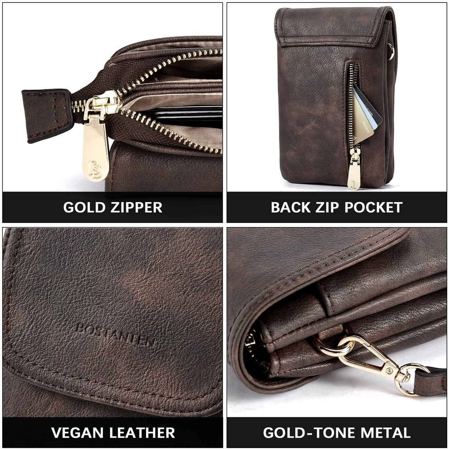 BOSTANTEN Vegan Leather Small Crossbody Bags for Women Designer Cell Phone Bag Wallet Purses Adjustable Strap Retro Coffee