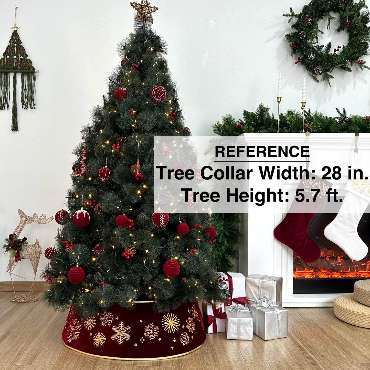 Starry Dynamo 28-Inch Velvet Burgundy Christmas Tree Collar with Embroidered Snowflakes, Foldable Tree Ring Base Cover for 5–7 ft Trees