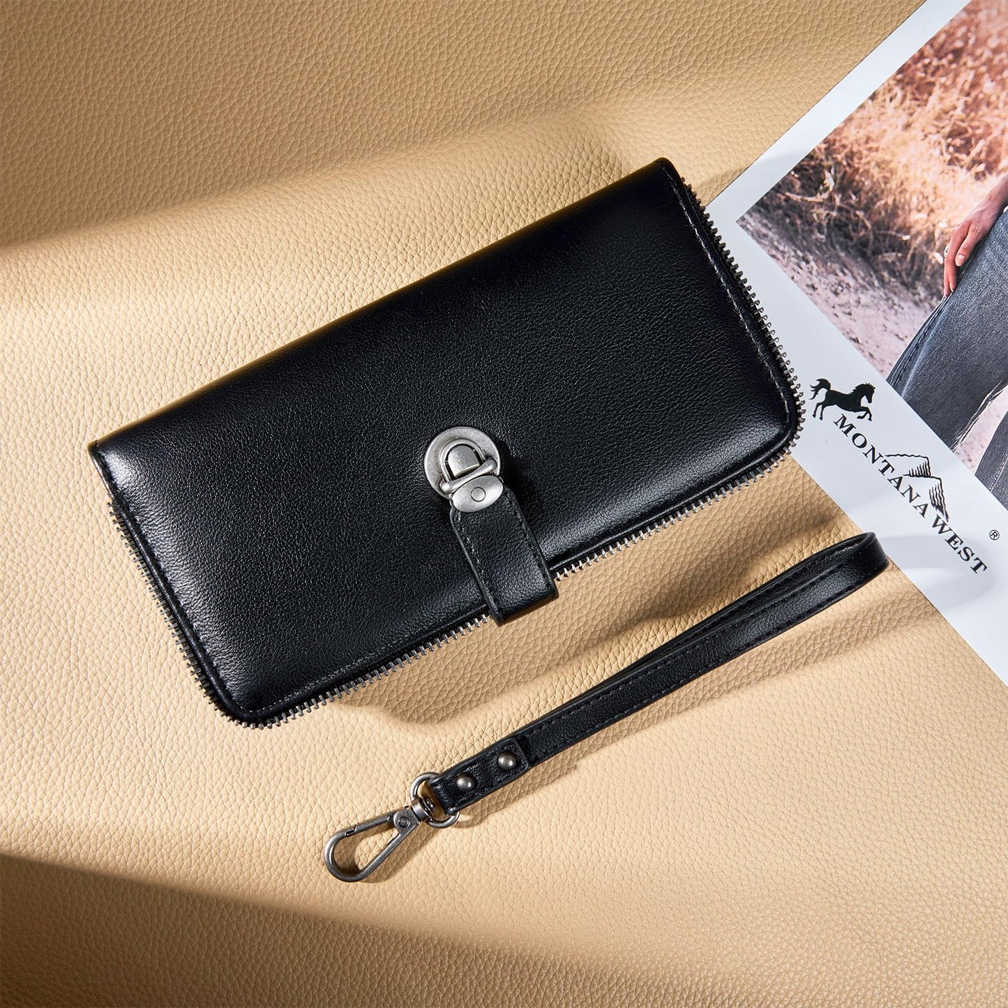 Montana West Black Wallet for Women Large Capacity Wristlet Wallets, Card Cases & Money Organizers Ladies Female Bifold Clutch Wallet Minimalist Credit Card Cash Wallets with ID Window and Latch