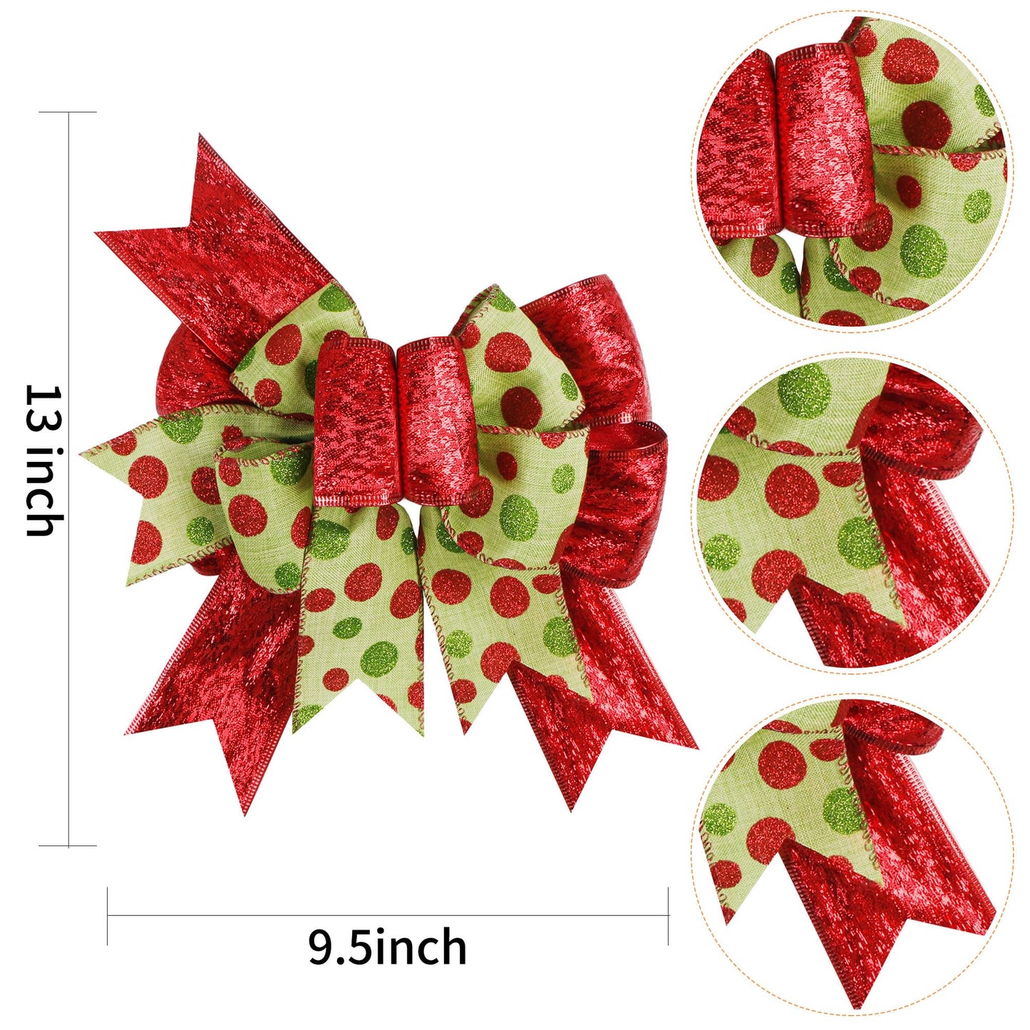 SIMISI RIBBON Christmas Green Red Dots Bow Rustic Burlap Bows for Wreath, Christmas Tree, Holiday Decor (9.5 x 13 inch)