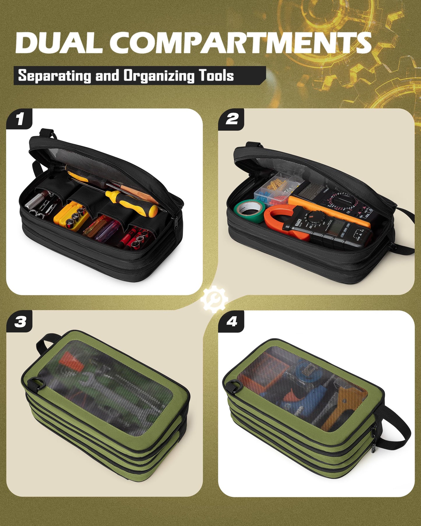 Marscamd 2 Pack Tool Pouch with Dual Compartments, 12” Tool Bag with Detachable Shoulder Strap, Carry Handle and Translucent Window, Black/Green