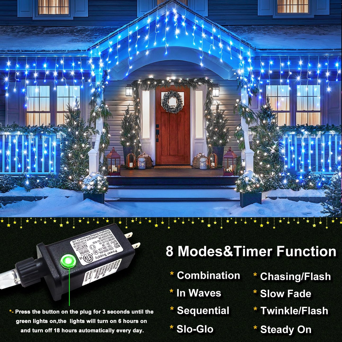 Icicle Christmas Lights Outdoor, 66ft 640 LED Blue and White Christmas Lights 8 Modes with 120 Drops, Waterproof Icicle Light Plug in for Indoor Outside Party Holiday Xmas Halloween Decorations