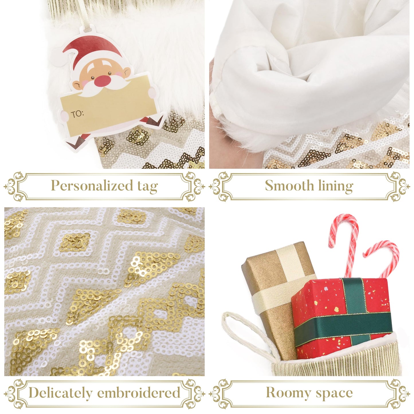 Valery Madelyn Christmas Stockings Decorations, 21 Inch Fabric 2 Pack White Gold Corrugation Exquisite Plush Personalized Fireplace Hanging Ornament for Holiday Xmas Party Decor