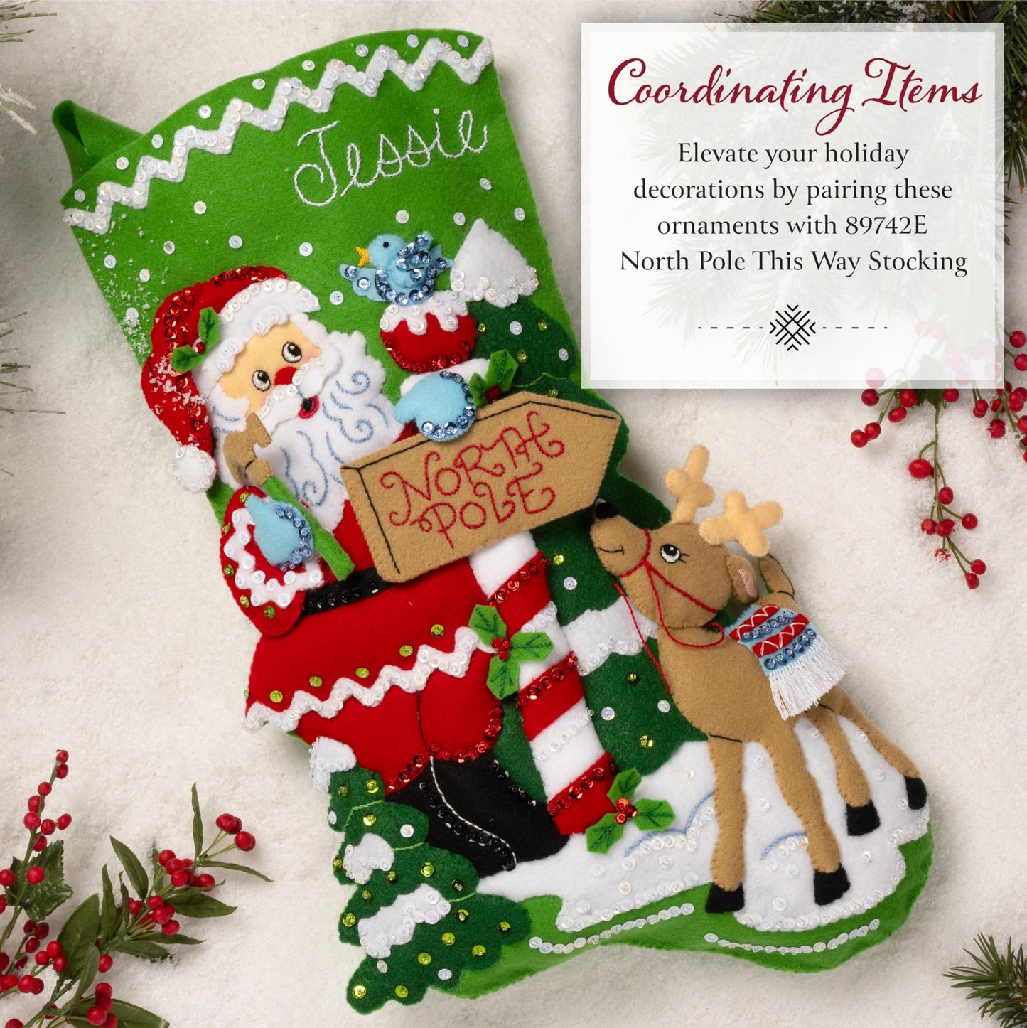 Bucilla, Felt Applique 6 Piece Ornament Making Kit, North Pole This Way, Perfect for DIY Arts and Crafts