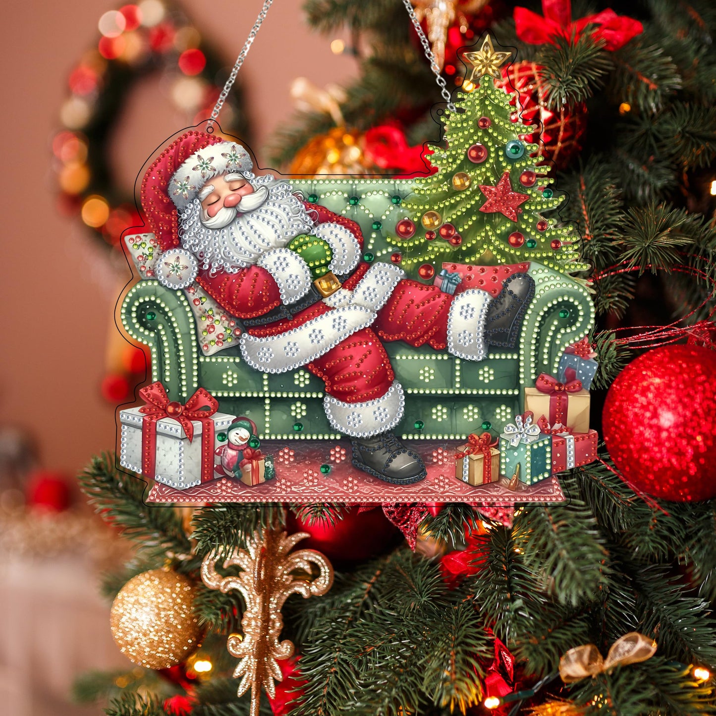 DIY Acrylic Diamond Art Painting Wreath Kits Special Shaped Rhinestone 5D Diamond Art Window Pendants Home Garden Wall Hanging Kits Hanging Ornament (Sleepy Santa Claus)