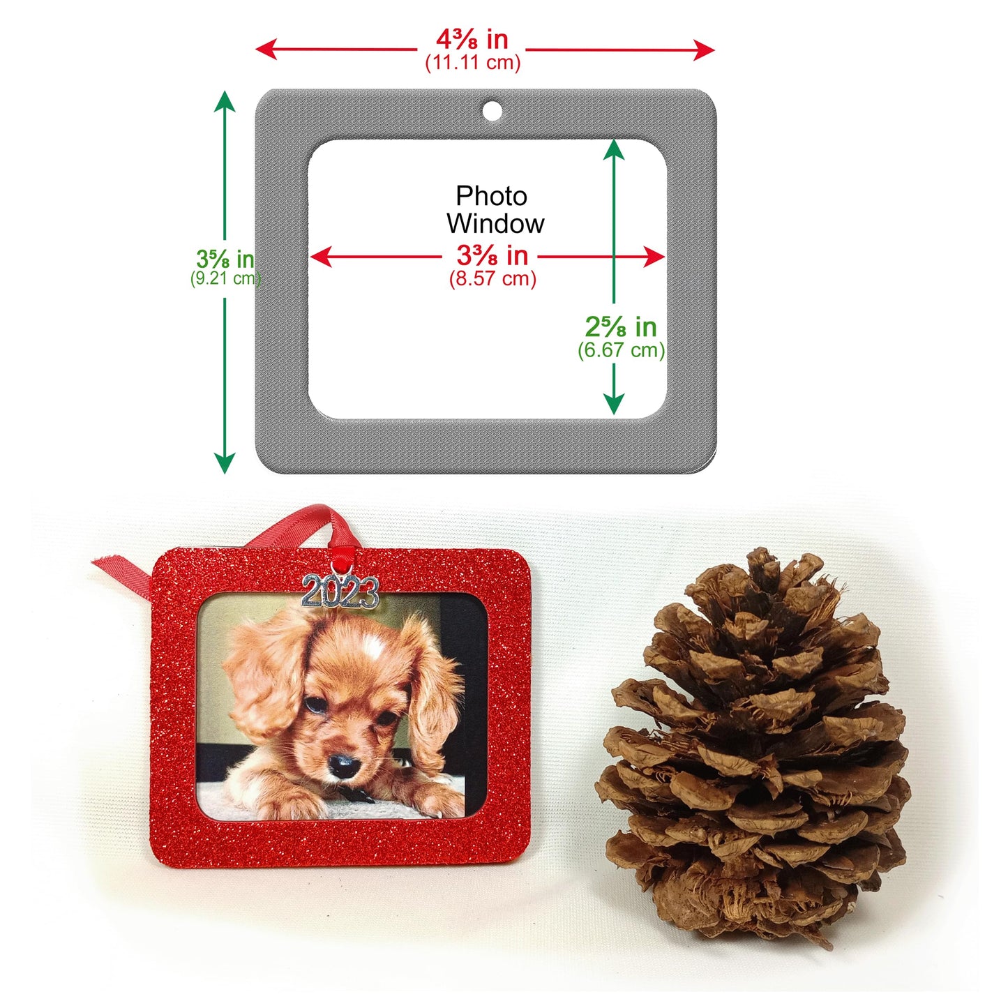 2024 Photo Ornaments for Christmas Tree, Sparkly Glitter Christmas Frame Ornament, Easy-Load Magnetic Design, Includes Satin Ribbon with Gold Charm Plus Photo Protector, Round, Gold