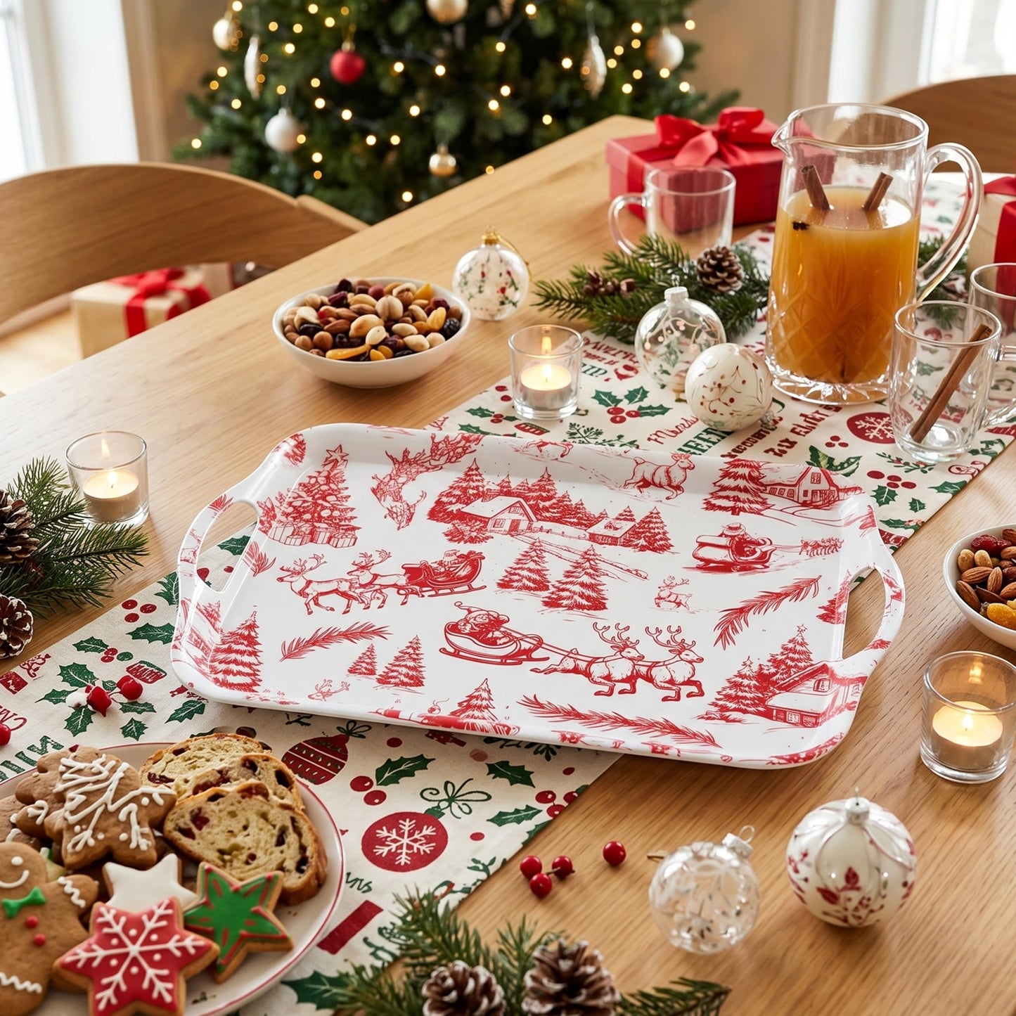 ONEderful 2-Pack Christmas Serving Trays – 18x13 Inches Winter Wonderland Handled Platters, Large Holiday Trays for Christmas Parties, Buffets & Family Gatherings (Christmas Color Scheme)