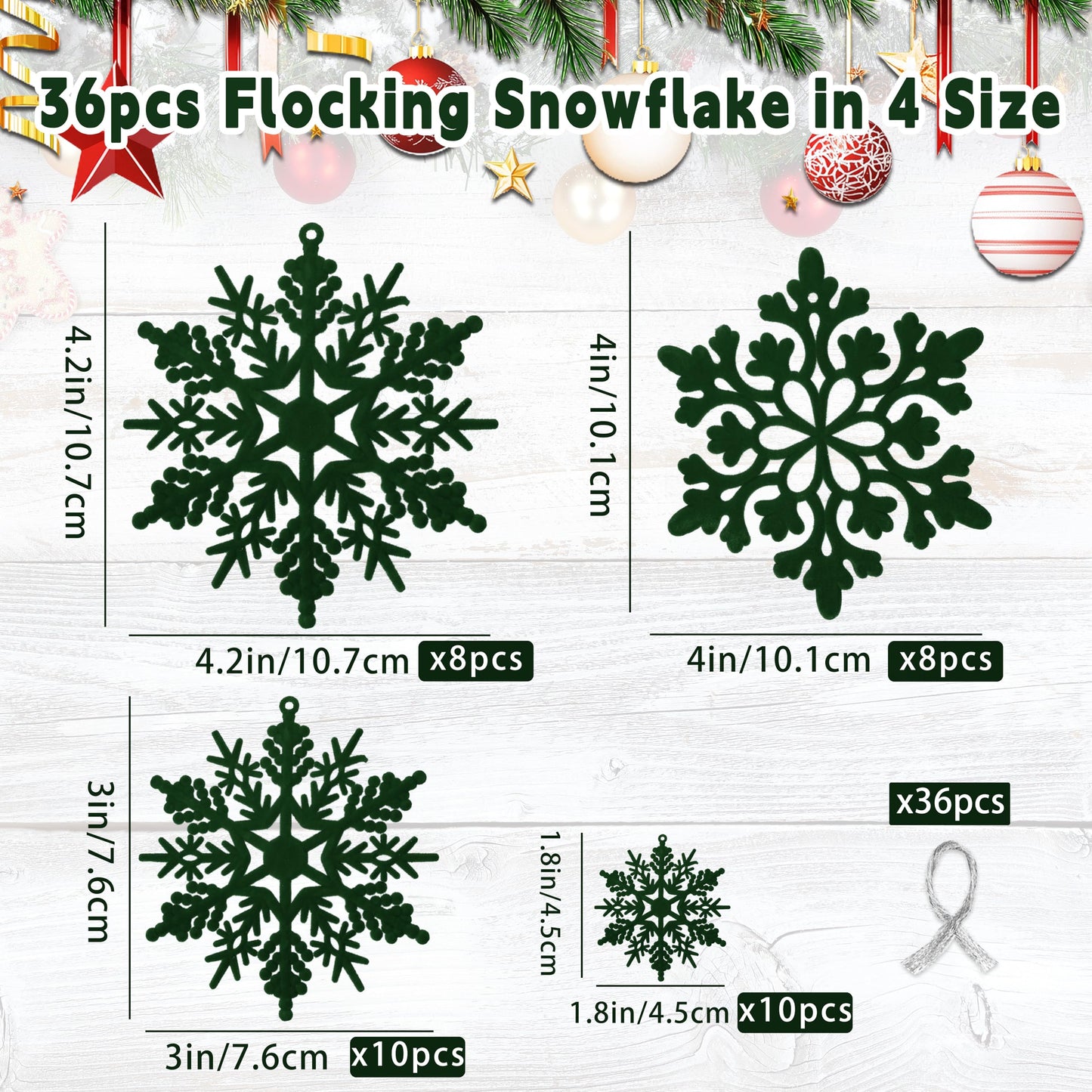 36pcs Dark Green Flocked Christmas Snowflake Ornaments, Hanging Velvet Snow Flakes for Christmas Tree Decorations Winter Wonderland Frozen Birthday Party Holiday Home Decor Craft Snowflakes