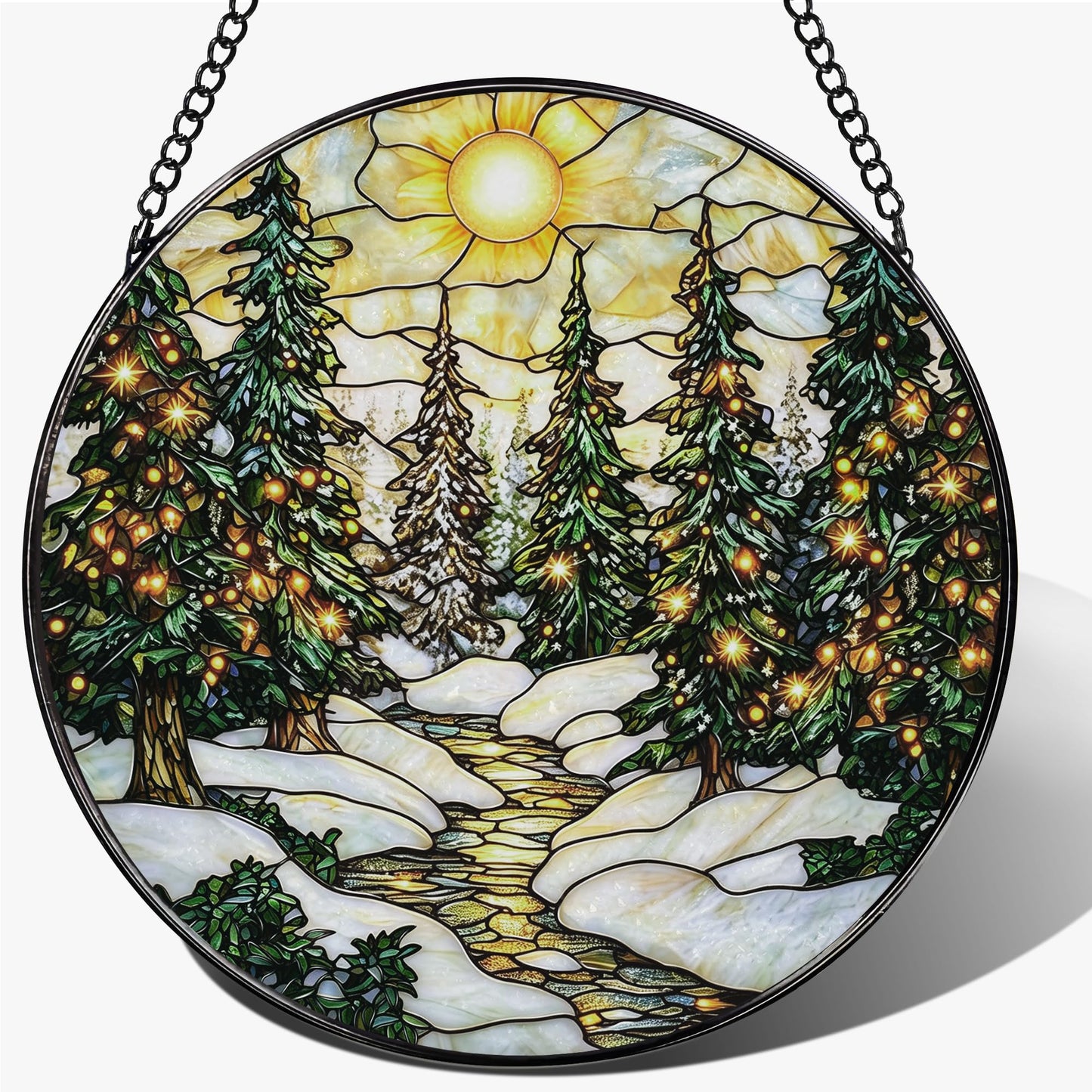 Stained Glass Window Hanging, 7.8 Inch Winter Forest Stained Glass Suncatcher, Window Hanging Decor, Christmas Landscape Ornament, Gifts for Women, Men & Nature Lovers, Gifts for Christmas & Holiday