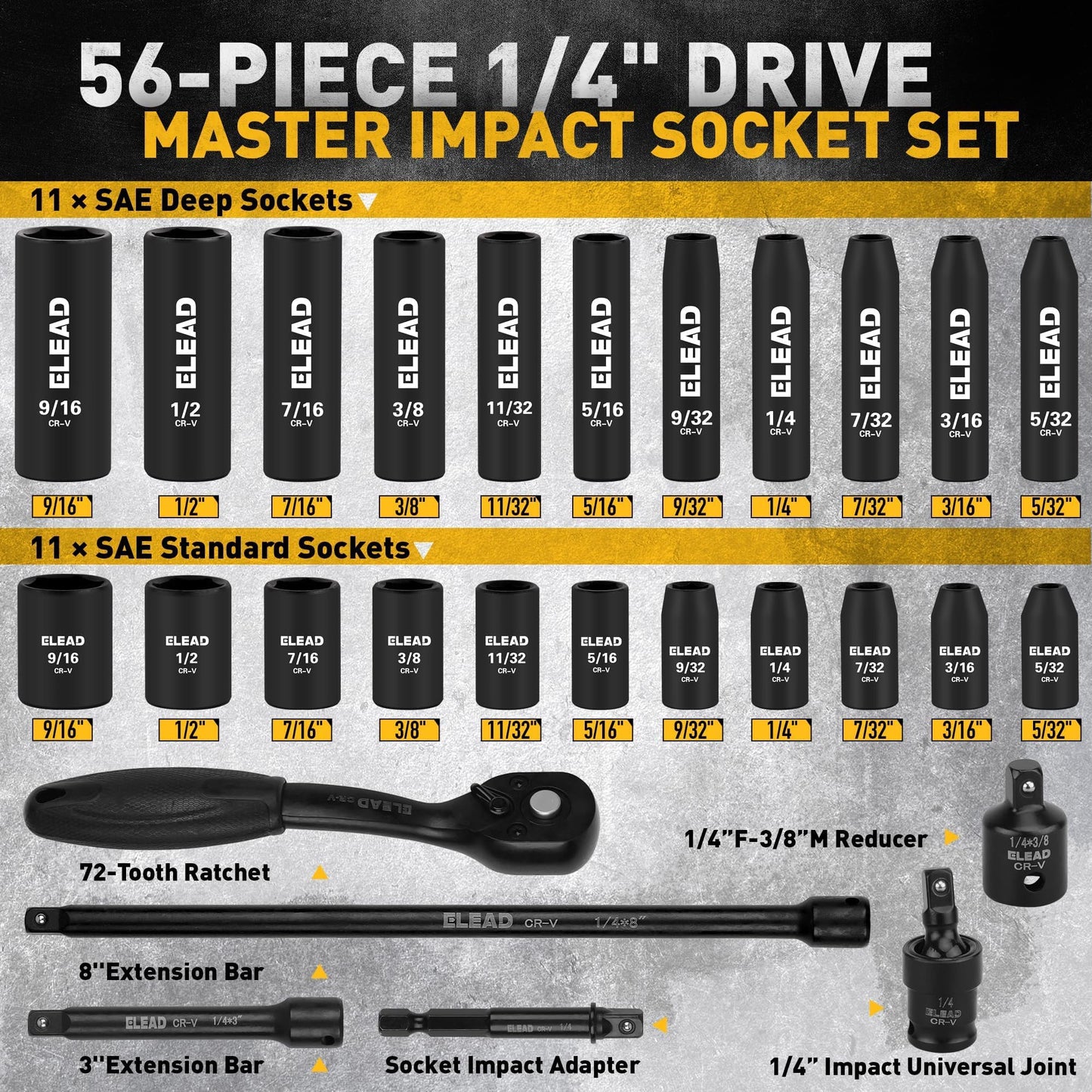 ELEAD 1/4" Drive Impact Socket Set, 56-Piece Standard SAE (5/32 to 9/16 inch) and Metric (4-15mm) Size, Deep & Shallow, 6 Point, Cr-V, 72-Tooth Ratchet Handle, Extension Bar, Universal Joint