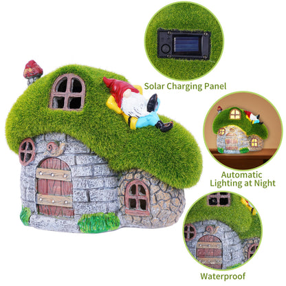 ILLUMINEW House Garden Statues with Solar Lights, LED Cute Flocked Fairy House with Gnomes Garden Figurine, Outdoor Patio Yard Lawn Decorations Gift
