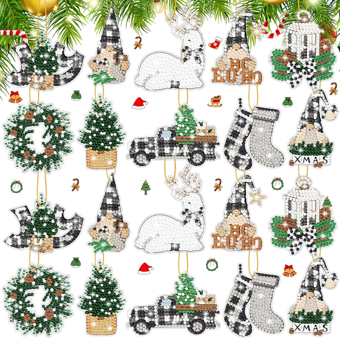 Realspring 20 Pcs Christmas Diamond Art Ornaments 5d Winter Diamond Painting Tree Decorations Has Xmas Hanging Rhinestones Art Kits for Adults Beginners DIY Crafts(Gnome)
