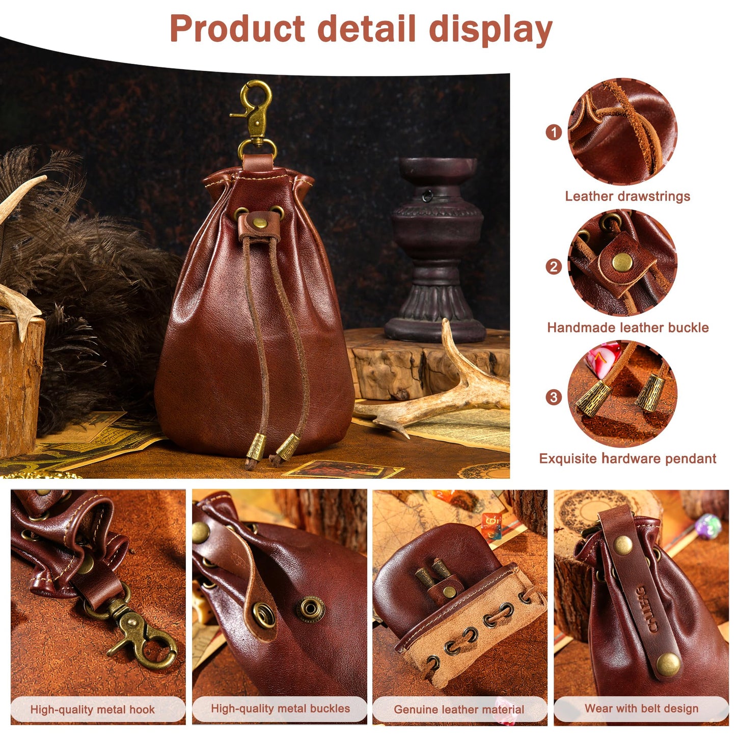 CHULEAG Vintage Medieval Drawstring Belt Pouch, FULL-GRAIN Leather, handmade, portable coin&dice purse with keychain. (Big)