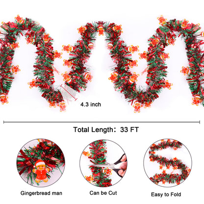 Christmas Garland Decorations 33 FT Red Green Christmas Tinsel Garland with Gingerbread Man Ornaments, Metallic Christmas Tree Garland Indoor Outdoor for Home Mantle Fireplace Xmas Holiday Party Decor