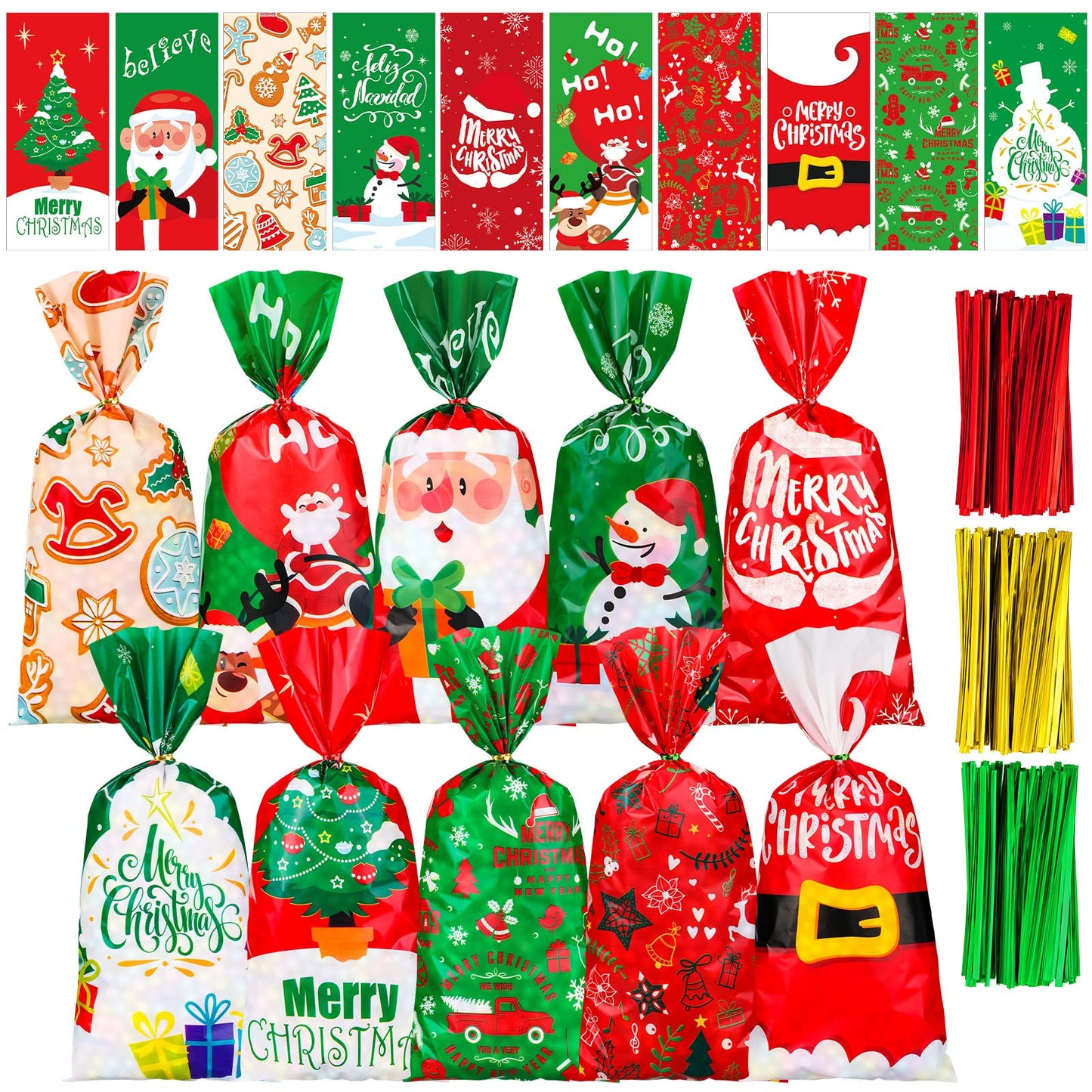 Spiareal 200 Pcs Christmas Cellophane Candy Goodie Bags Bulk Xmas Gift Treat Cookie Popcorn Bags Plastic Santa Claus Christmas Hat Snowman With 300 Ties Christmas Party Favor Supplies