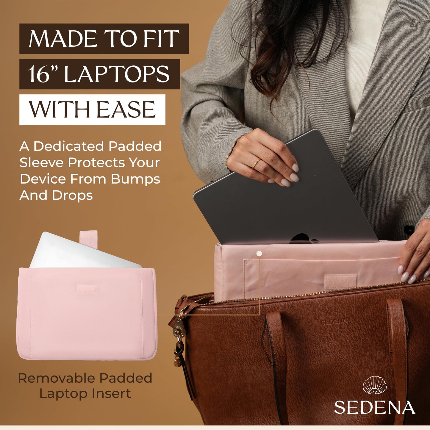 Women’s 16” Laptop Tote Bag, Dark Brown Vegan Leather Work Bag with Cupholder, RFID & Anti-Pickpocket Trolley Sleeve (Dark Brown)