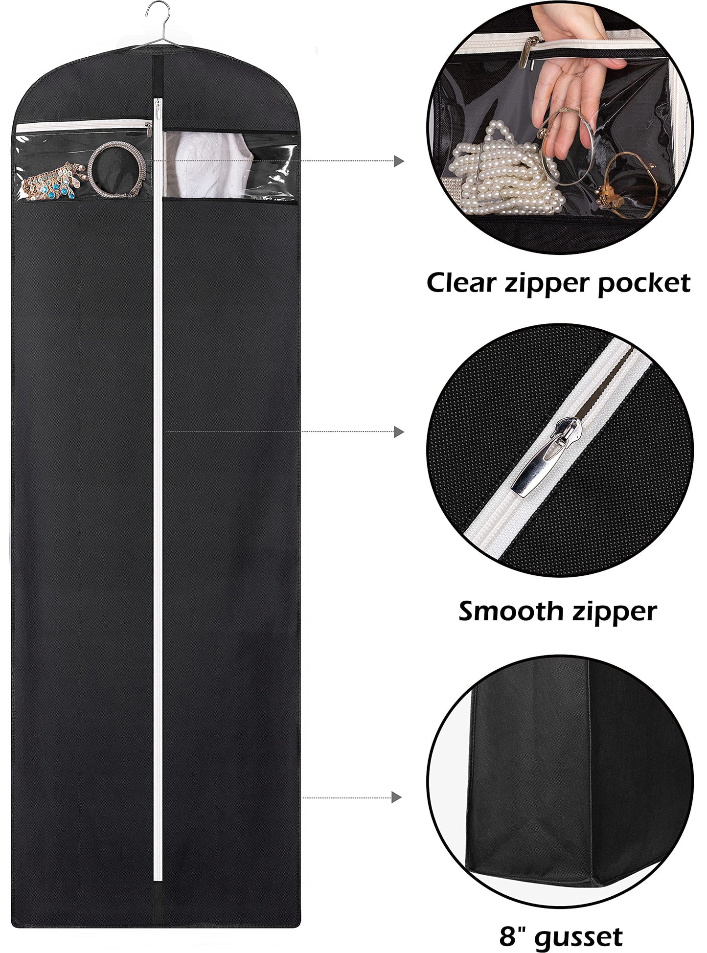 MISSLO 70" Bridal Wedding Gown Dress Garment Bag with Accessories Pouch Large Travel Garment Cover 8" Gusset (Black)