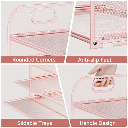 Kinkota 5 Tier Paper Organizer for Desk, File Organizer with Handle, Mesh Letter Tray, Paper Sorter Desk Organizer for Office Home Supplies - Pink