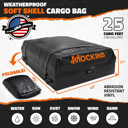 Mockins 25 Cu.Ft. Heavy Duty Car Roof Bag 60"x43"x17" | Works with or Without Roof Rack | Great for Road Trip Vacations, Camping Adventures & More | Set Includes Roof Mat, Lock, Hooks & Straps