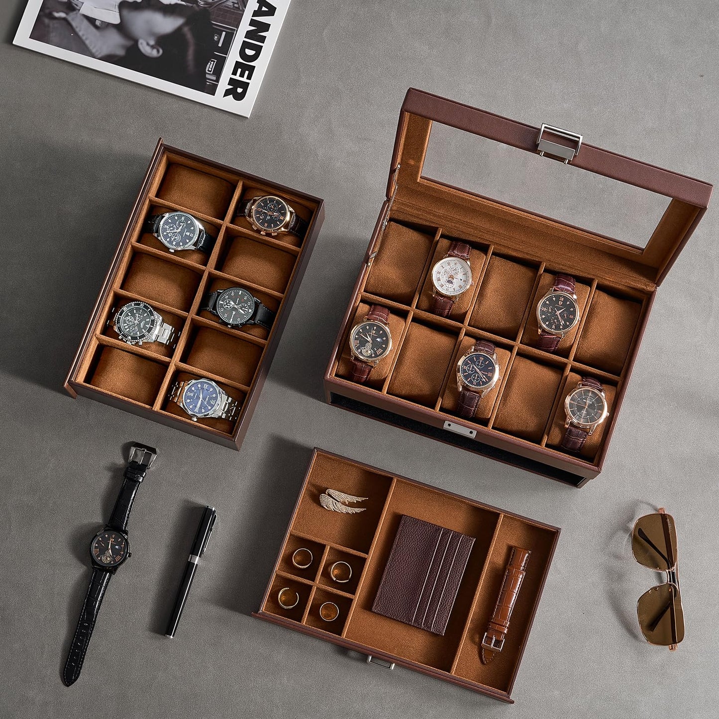 ProCase 20 Slot Watch Box for Men, 3-Layer Watch Display Case with Glass Lid, Watch Holder with Drawer, Jewelry Storage Organizer for Watches Straps Rings, Fathers Day Gift -Brown