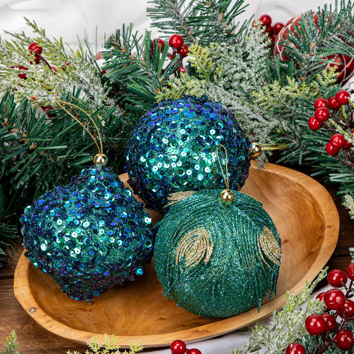 Briful 3.93'' Christmas Ball Ornaments Xmas Tree Decorations, Elegant Peacock Blue Christmas Ornaments for Home Decor Indoor Garland Holidays – Set of 3 Unique Designs