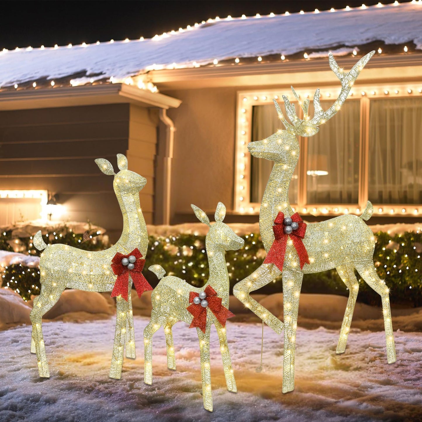 winemana 5ft Reindeer Christmas Outdoor Decorations, Set of 3 Extra Large Deer Yard Decor- Lighted 3D Reindeer Family Set for Outside Lawn Garden Xmas Holiday Party Decor (Gold)
