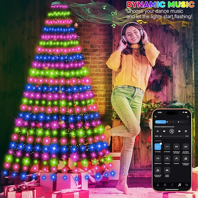 30+ Modes Ring Christmas Tree Lights Indoor Outdoor - 10Ft x 12 Lines 432 LED Easy App Control Color Changing Timer Remote Waterproof for 7.5 8 9 10 11 Ft Xmas Trees (Cool White to Multicolor)