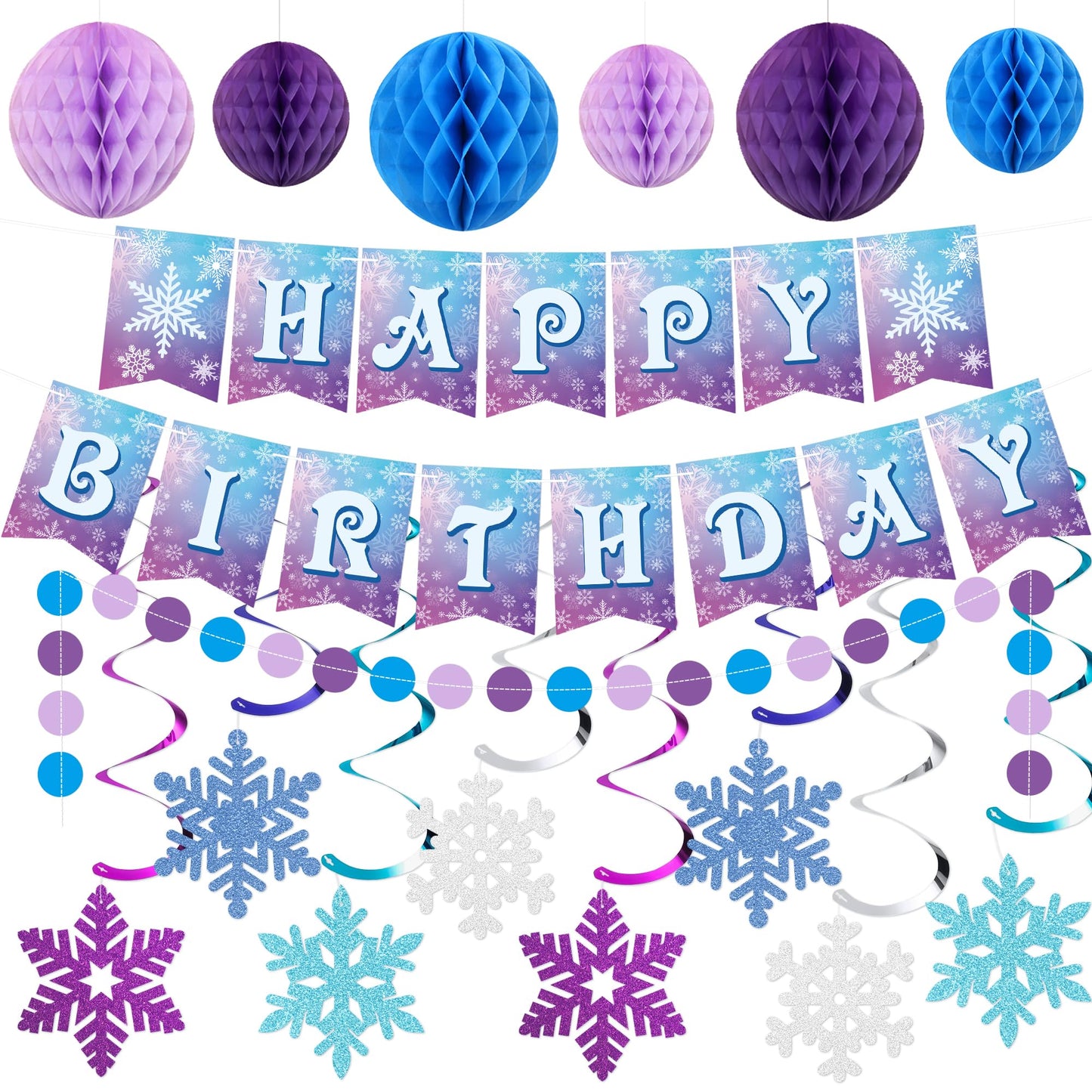 Frozen Birthday Party Decorations Happy Birthday Banner Honeycomb Balls Snowflake Hanging Swirls Streamers Circle Garland Decoration Winter Holiday Party Decorations for Christmas