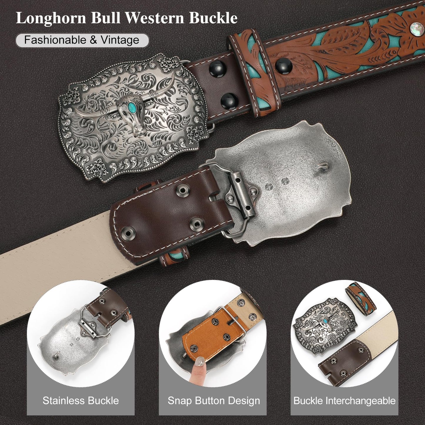 XZQTIVE Women Men Genuine Leather Belt Vintage Ladies Western Belt Engraved Tooled Leather Belt Cowboy Cowgirl Country Belt