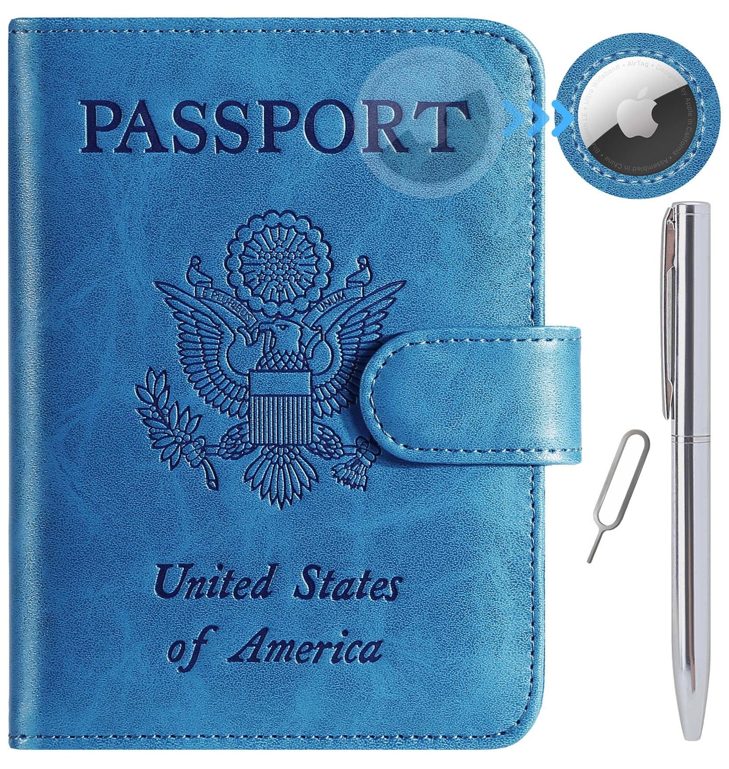 Airtag Passport Holder Cover Wallet RFID Blocking Leather Case Travel Essentials Luggage Accessories Travel Must Have(118#Blue)