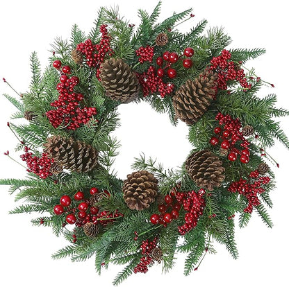 22’’ Artificial Christmas Wreath Norfolk Pine Wreath for Front Door with Pine Needles Red Berries Big Pinecones Christmas Decorations for Winter Farmhouse Wall Indoor Outdoor Home Holiday Xmas Decor