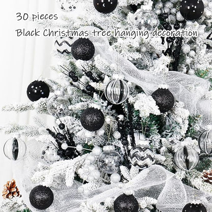 SY Super Bang 30PCS Black Christmas Ornaments Set, 60MM/2.36" Clear Plastic Shatterproof Ball Ornaments for Christmas Tree Hanging Decorations, for Home Holiday Party Xmas Decor.