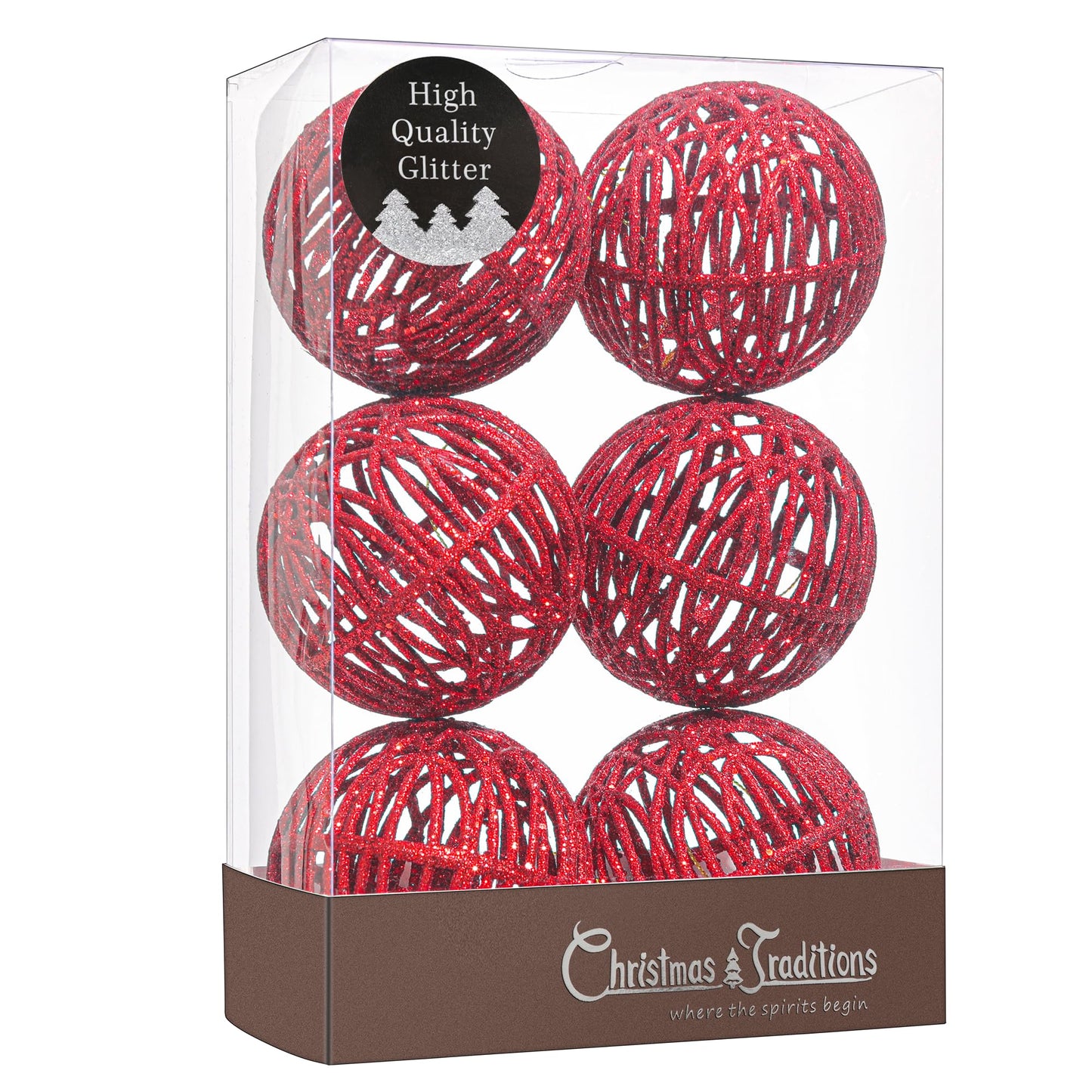 Christmas Traditions 4 inch Christmas Red Glittered Rattan Christmas Ball Ornaments Hanging Tree Decorations (Set of 6)(Christmas Red)